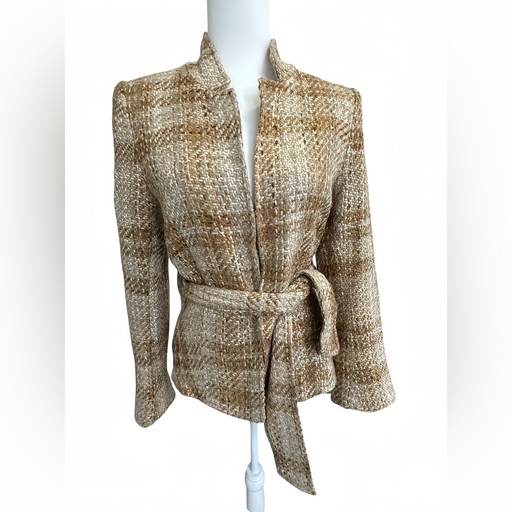 Zara Woman Tweed Bouclé Belted Jacket Size 8 Wool Blend Hook Eye Closure Blazer